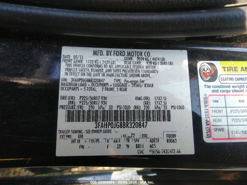 2011 Ford Fusion Sel VIN: 3FAHP0JG8BR320847 Lot: 39985864