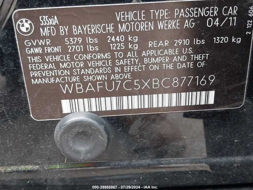 2011 BMW 535I xDrive VIN: WBAFU7C5XBC877169 Lot: 39985867