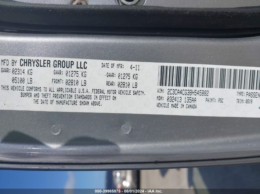 2011 Chrysler 300 VIN: 2C3CA4CG3BH545882 Lot: 39985875