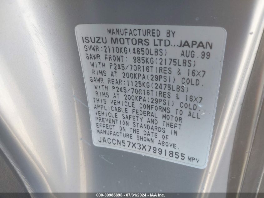 1999 Isuzu Vehicross VIN: JACCN57X3X7991855 Lot: 39985895