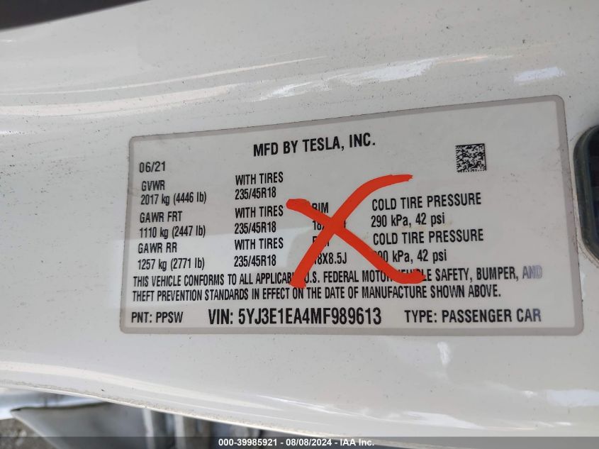 2021 Tesla Model 3 Standard Range Plus Rear-Wheel Drive VIN: 5YJ3E1EA4MF989613 Lot: 39985921