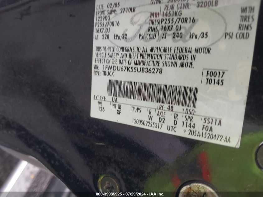 2005 Ford Explorer Sport Trac Adrenalin/Xls/Xlt VIN: 1FMDU67K55UB36278 Lot: 39985925