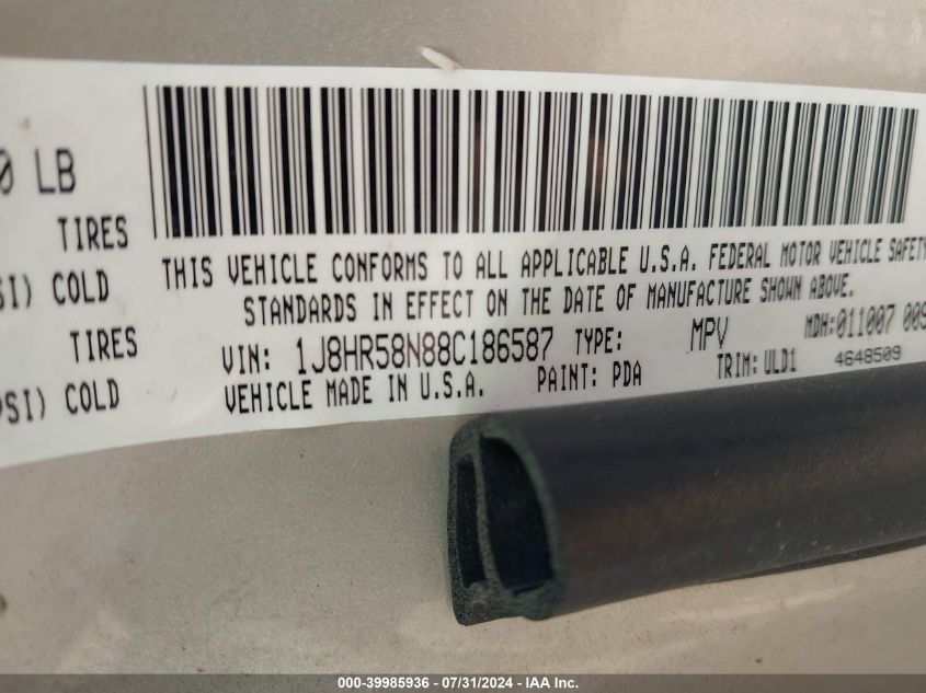 2008 Jeep Grand Cherokee Limited VIN: 1J8HR58N88C186587 Lot: 39985936