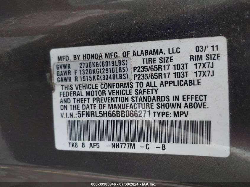 2011 Honda Odyssey Ex-L VIN: 5FNRL5H66BB066271 Lot: 39985946