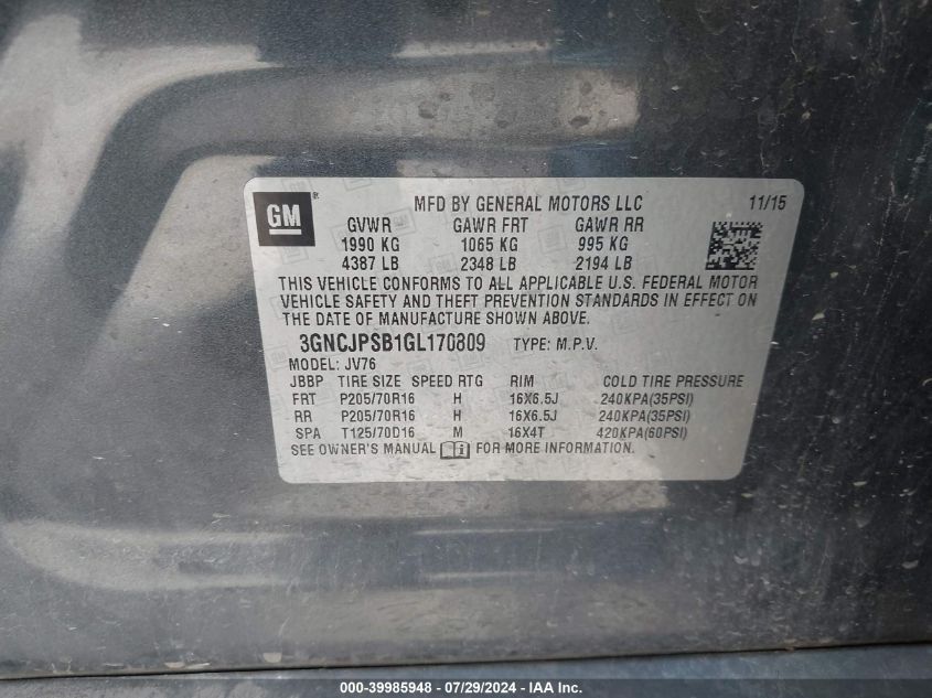 2016 Chevrolet Trax Lt VIN: 3GNCJPSB1GL170809 Lot: 39985948