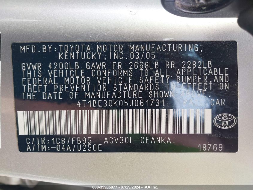 2005 Toyota Camry Le VIN: 4T1BE30K05U061731 Lot: 39985977