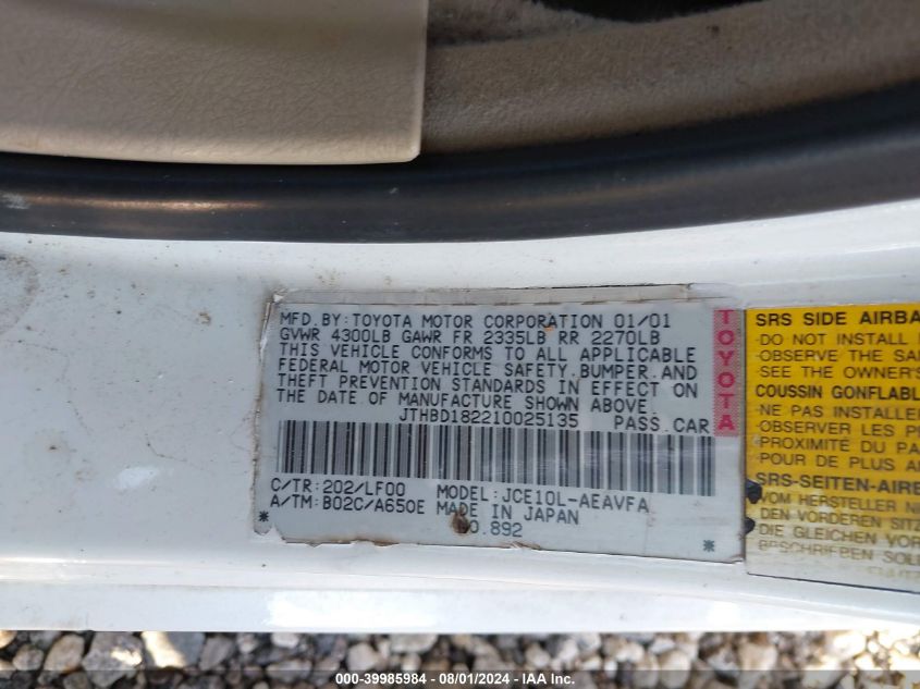 2001 Lexus Is 300 VIN: JTHBD182210025135 Lot: 39985984