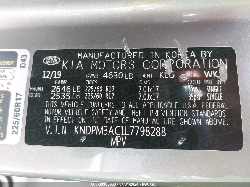 2020 Kia Sportage Lx VIN: KNDPM3AC1L7798288 Lot: 39985988