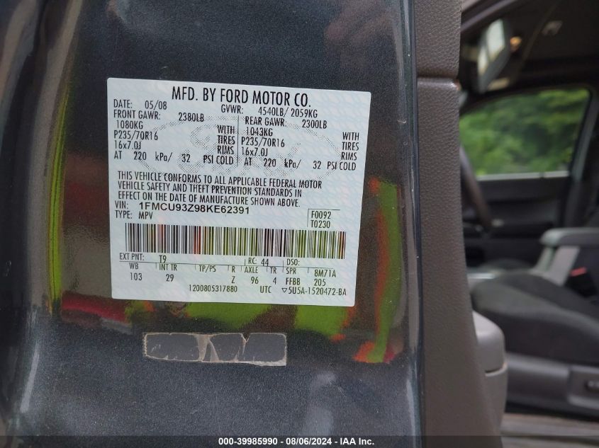 2008 Ford Escape Xlt VIN: 1FMCU93Z98KE62391 Lot: 39985990