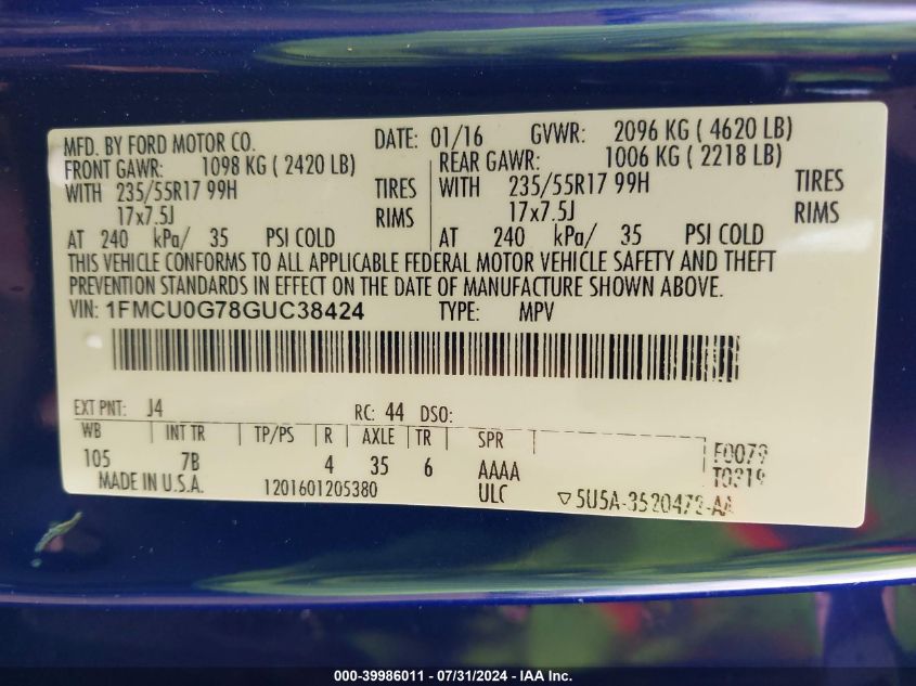 2016 Ford Escape Se VIN: 1FMCU0G78GUC38424 Lot: 39986011