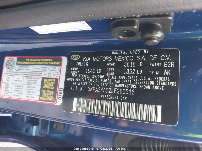 2020 Kia Rio S VIN: 3KPA24AD2LE260516 Lot: 39986019