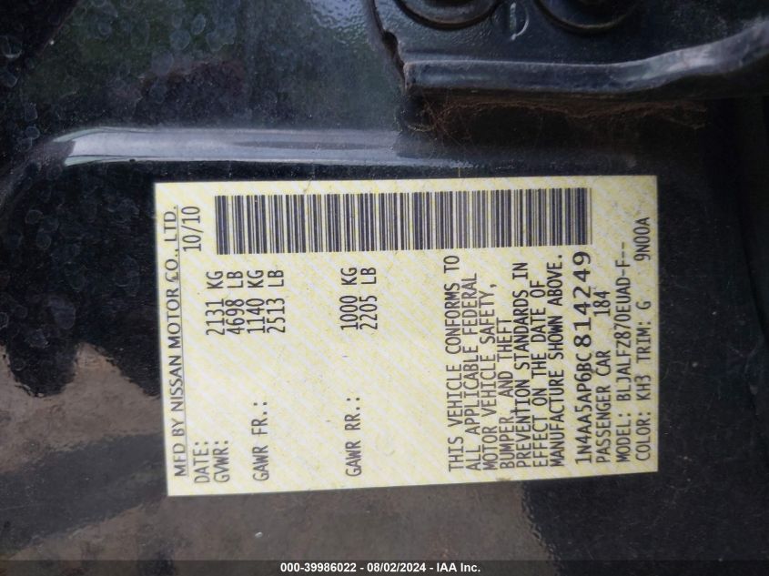 2011 Nissan Maxima 3.5 Sv VIN: 1N4AA5AP6BC814249 Lot: 39986022