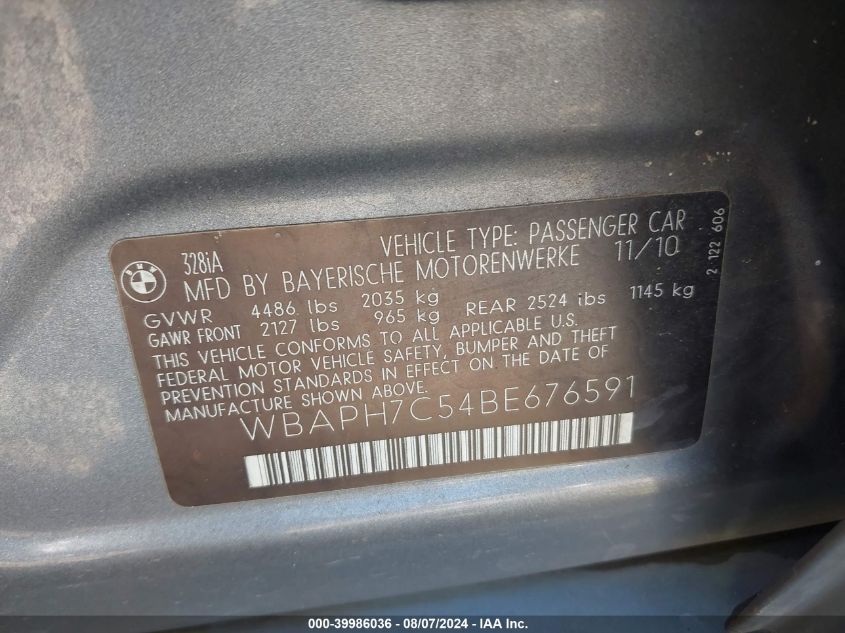 2011 BMW 328I VIN: WBAPH7C54BE676591 Lot: 39986036