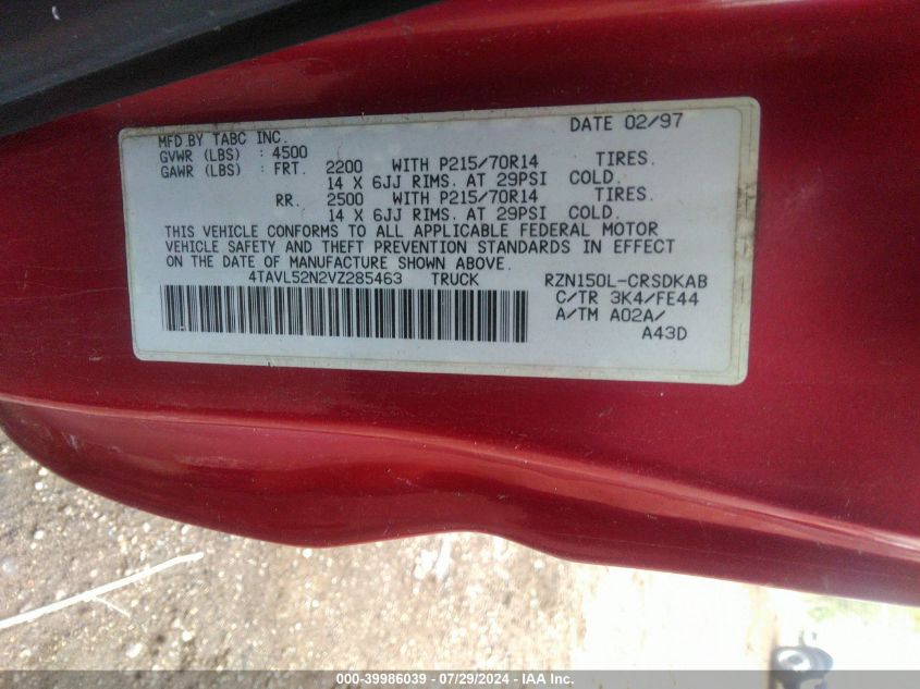 1997 Toyota Tacoma VIN: 4TAVL52N2VZ285463 Lot: 39986039
