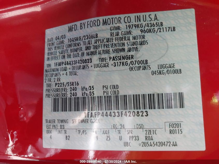 2003 Ford Mustang VIN: 1FAFP44433F420823 Lot: 39986040