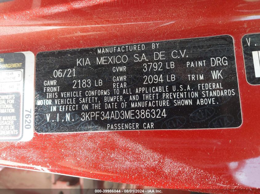 2021 KIA FORTE GT-LINE - 3KPF34AD3ME386324