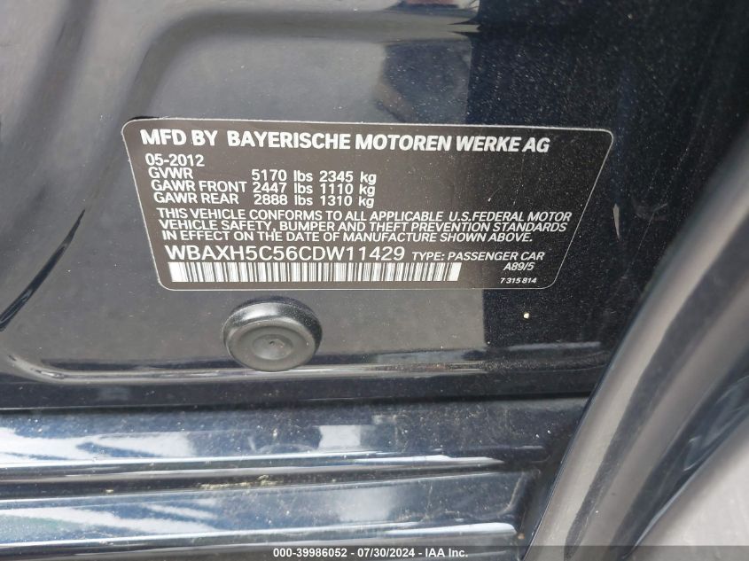 2012 BMW 528 Xi VIN: WBAXH5C56CDW11429 Lot: 39986052