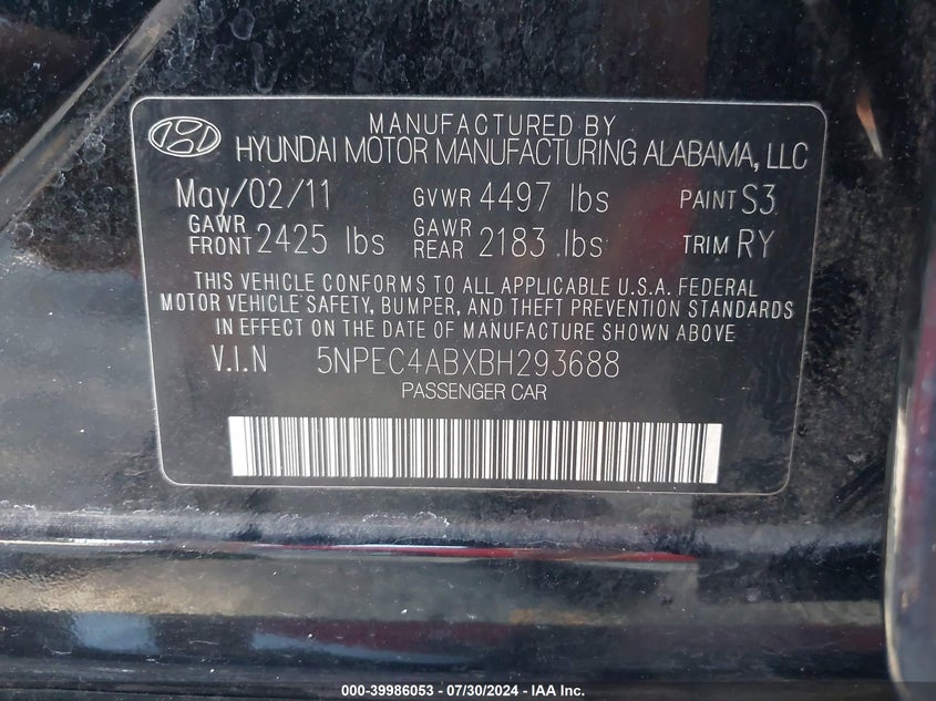 2011 Hyundai Sonata Se/Limited VIN: 5NPEC4ABXBH293688 Lot: 39986053