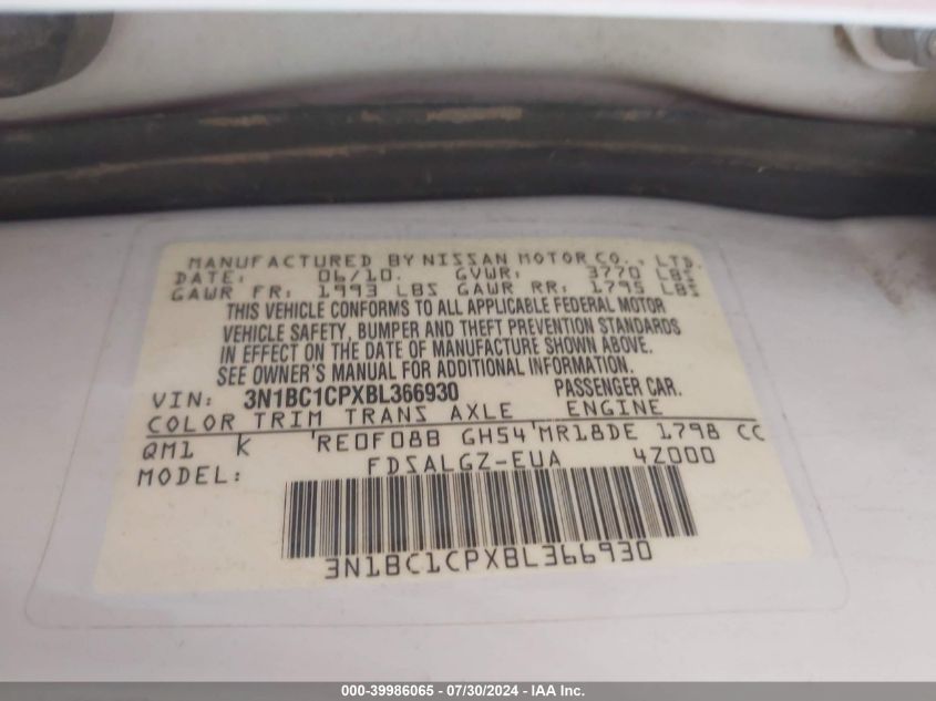 2011 Nissan Versa 1.8Sl VIN: 3N1BC1CPXBL366930 Lot: 39986065