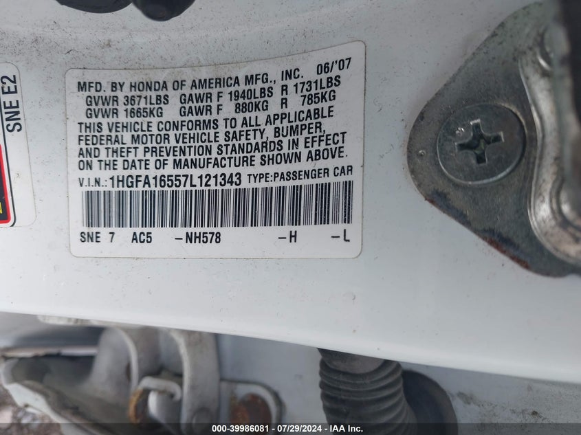 2007 Honda Civic Lx VIN: 1HGFA16557L121343 Lot: 39986081