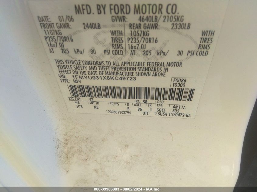 2006 Ford Escape Xlt VIN: 1FMYU931X6KC49723 Lot: 39986083