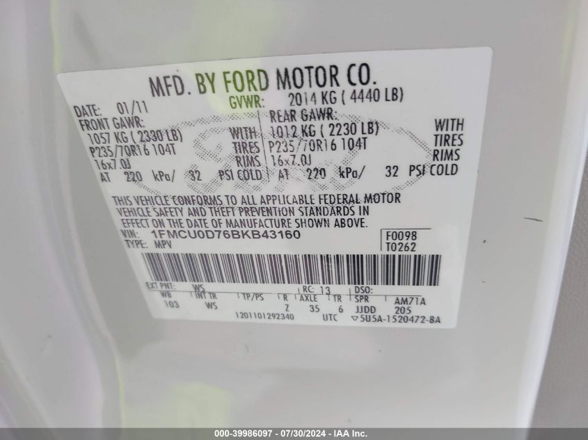 2011 Ford Escape Xlt VIN: 1FMCU0D76BKB43160 Lot: 39986097