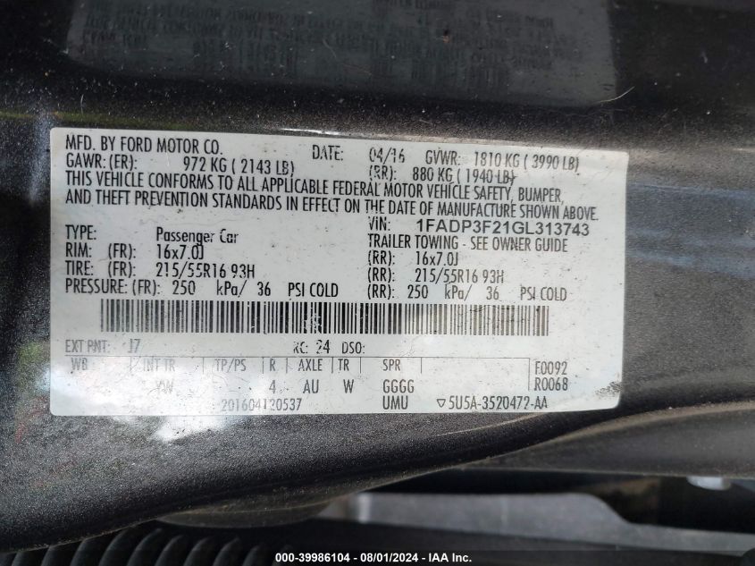 1FADP3F21GL313743 2016 Ford Focus Se