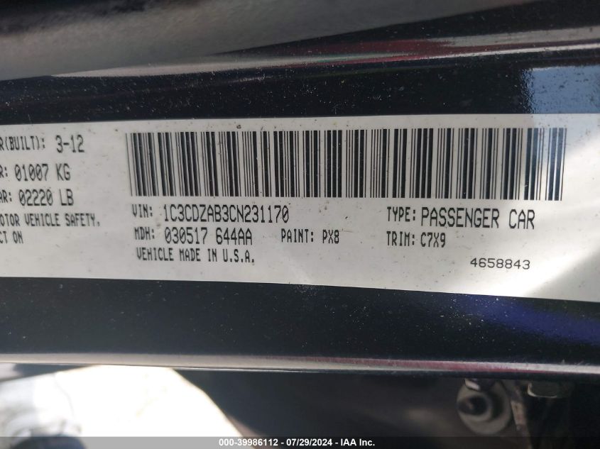 2012 Dodge Avenger Se VIN: 1C3CDZAB3CN231170 Lot: 39986112