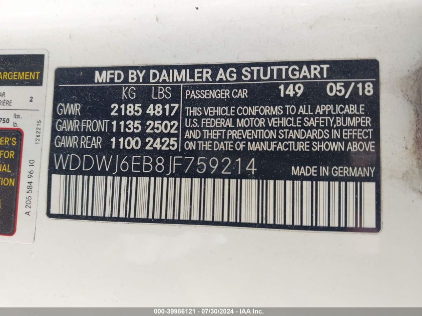 2018 Mercedes-Benz Amg C 43 4Matic VIN: WDDWJ6EB8JF759214 Lot: 39986121