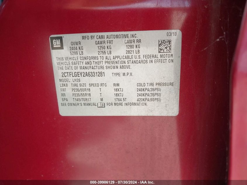 2010 GMC Terrain Slt-1 VIN: 2CTFLGEY2A6331281 Lot: 39986129