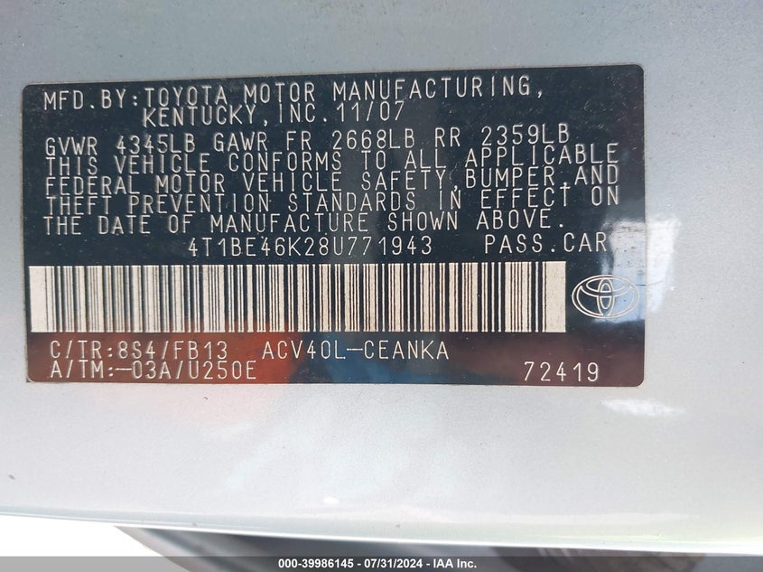 2008 Toyota Camry Le VIN: 4T1BE46K28U771943 Lot: 39986145