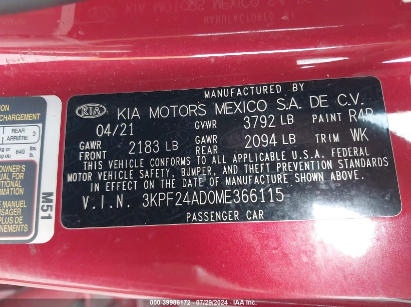 2021 Kia Forte Lxs VIN: 3KPF24AD0ME366115 Lot: 39986172