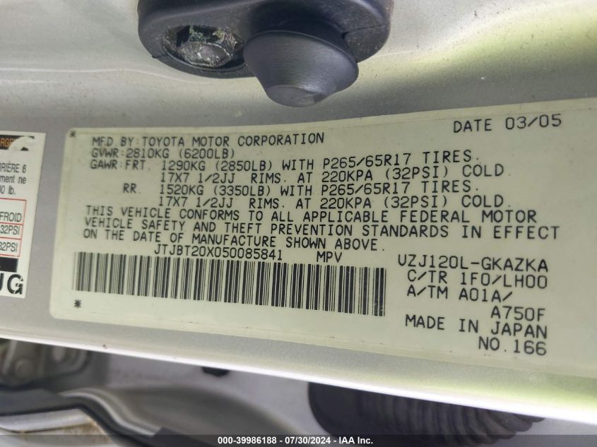 2005 Lexus Gx 470 VIN: JTJBT20X050085841 Lot: 39986188