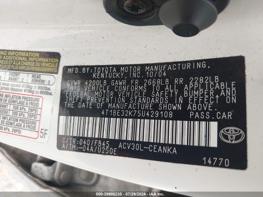 2005 Toyota Camry Le/Se/Std/Xle VIN: 4T1BE32K75U429108 Lot: 39986235