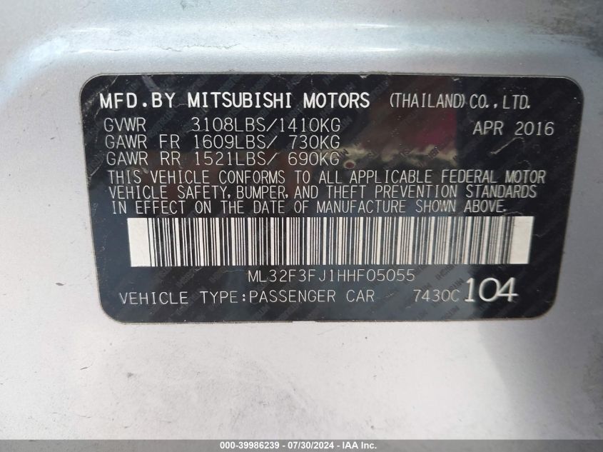 2017 Mitsubishi Mirage G4 Es VIN: ML32F3FJ1HHF05055 Lot: 39986239