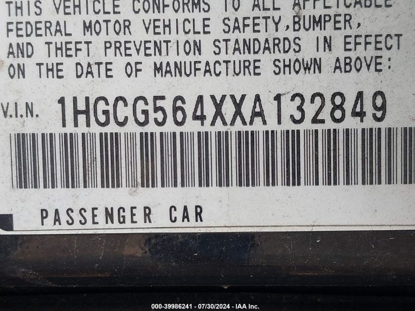 1999 Honda Accord Lx VIN: 1HGCG564XXA132849 Lot: 39986241
