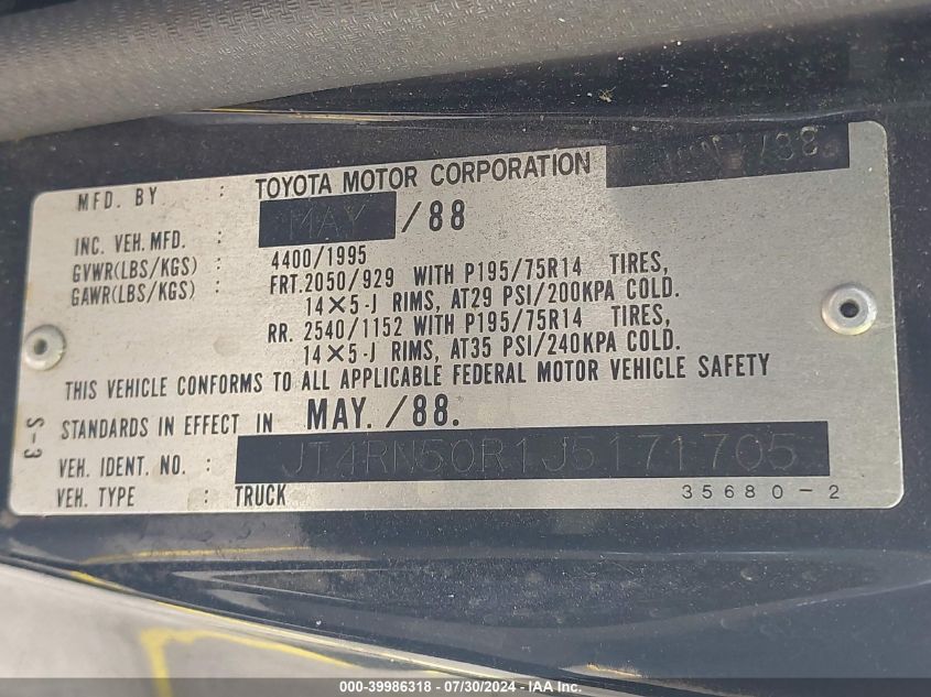 1988 Toyota Pickup 1/2 Ton Rn50 VIN: JT4RN50R1J5171705 Lot: 39986318