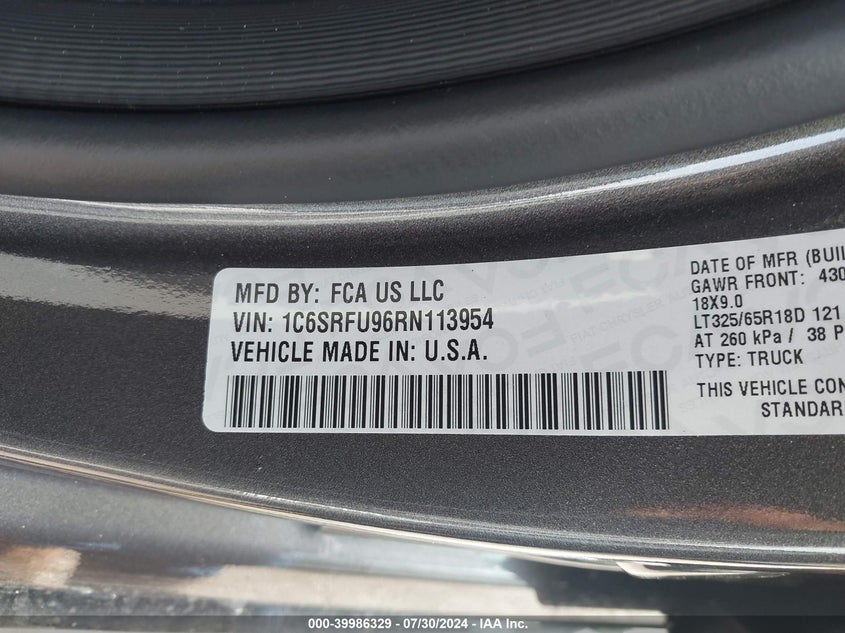 2024 RAM 1500 6.2L V8   Y(VIN: 1C6SRFU96RN113954