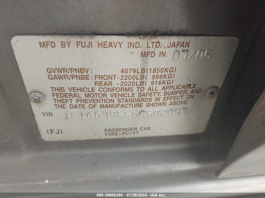 2006 Subaru Impreza Wrx/Wrx Limited/Wrx Tr VIN: JF1GD79666G502097 Lot: 39986350