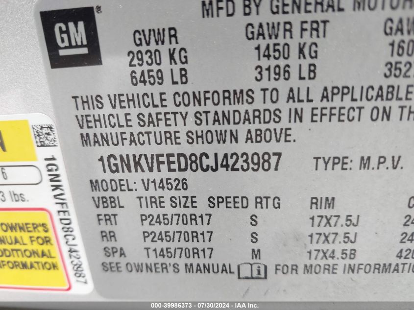 2012 Chevrolet Traverse Ls VIN: 1GNKVFED8CJ423987 Lot: 39986373