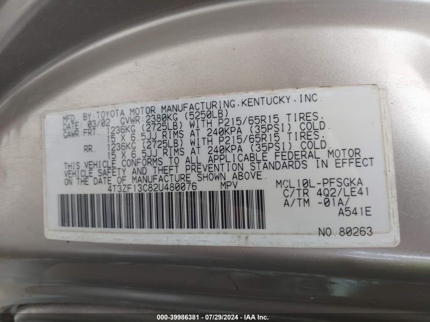 2002 Toyota Sienna Xle VIN: 4T3ZF13C82U480076 Lot: 39986381