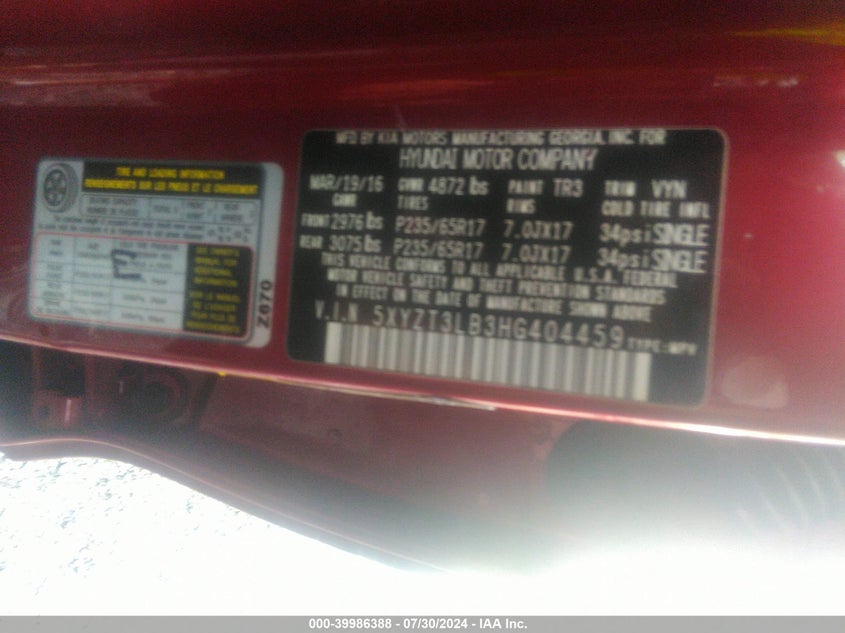 VIN 5XYZT3LB3HG404459 2017 HYUNDAI SANTA FE SPORT 2.4L