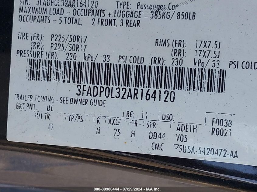 3FADP0L32AR164120 | 2010 FORD FUSION HYBRID