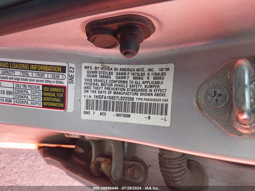 2007 Honda Civic Ex VIN: 1HGFA16857L022550 Lot: 39986445