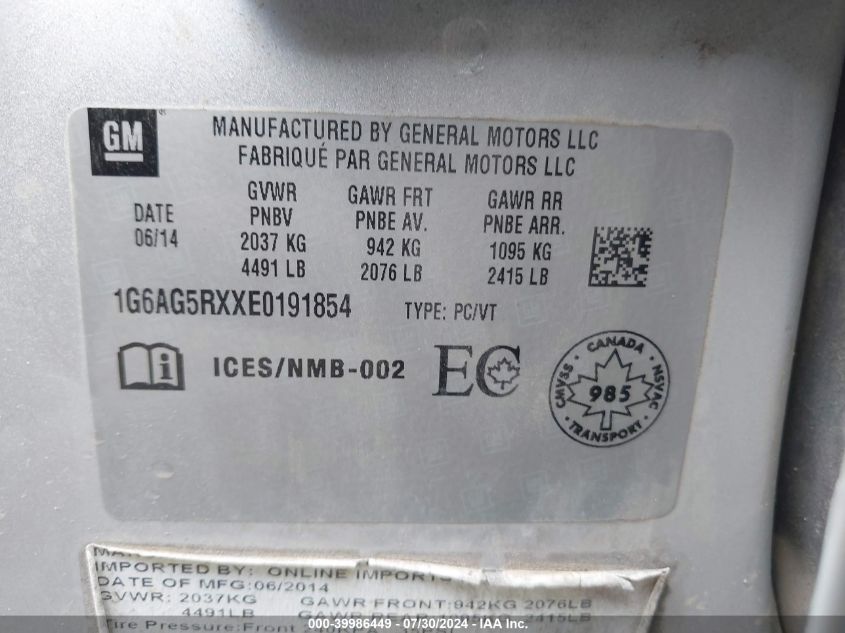 2014 Cadillac Ats Standard VIN: 1G6AG5RXXE0191854 Lot: 39986449
