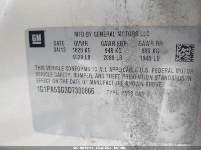 2013 Chevrolet Cruze Ls Auto VIN: 1G1PA5SG3D7300866 Lot: 39986458