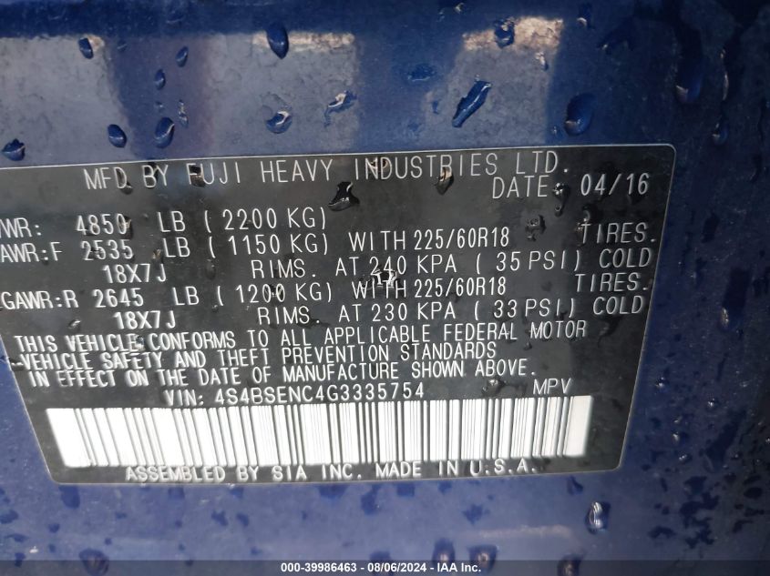 2016 Subaru Outback 3.6R Limited VIN: 4S4BSENC4G3335754 Lot: 39986463