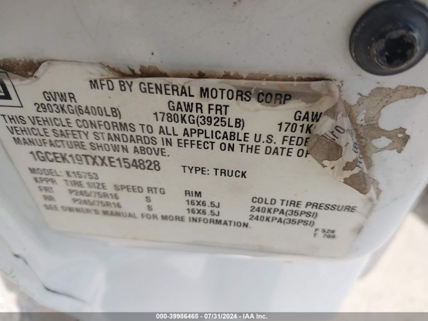 1999 Chevrolet Silverado 1500 Ls VIN: 1GCEK19TXXE154828 Lot: 39986465