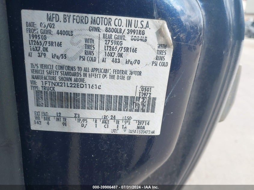 2002 Ford F-250 Lariat/Xl/Xlt VIN: 1FTNX21L22ED11618 Lot: 39986487