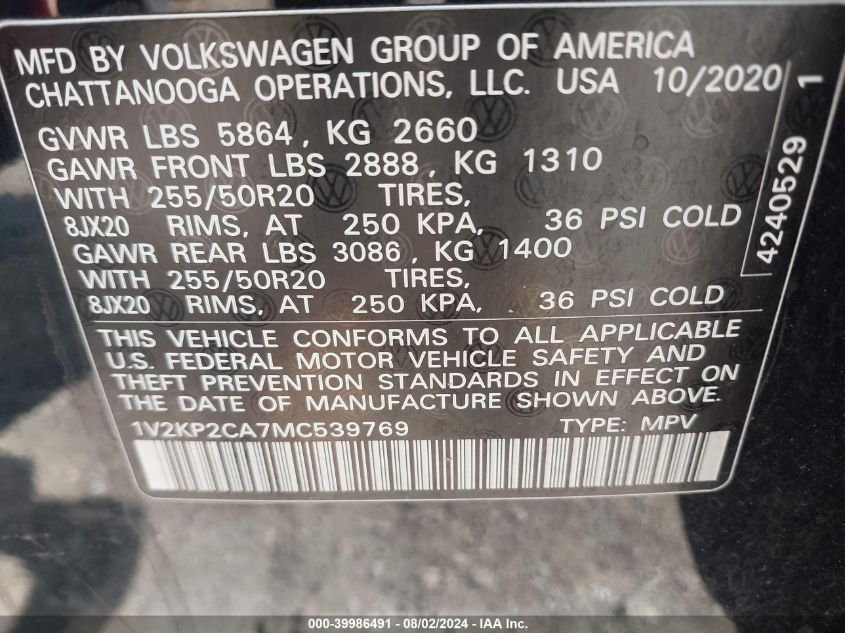 1V2KP2CA7MC539769 2021 Volkswagen Atlas 2.0T Se W/Technology